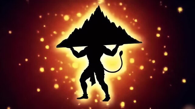Powerful animation of Lord Hanuman&rsquo;s glowing silhouette carrying the Sanjeevani mountain, divine golden and orange light particles swirling in the background