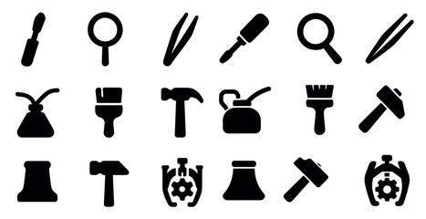 Tools and repair solid icons set – filled, practical, handyman tools collection