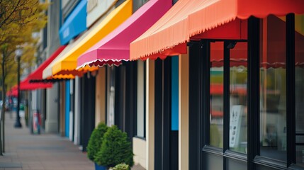 Obraz premium Vibrant storefront awnings line a charming street, inviting shoppers into businesses on a bright day.