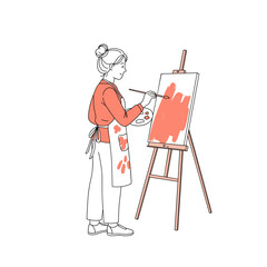 Woman painting at easel mid-stroke, minimalist black and white line drawing with vivid orange and coral pink accents on white background