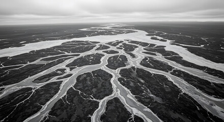 Aerial View of Thawing Permafrost Revealing Braided River Channels