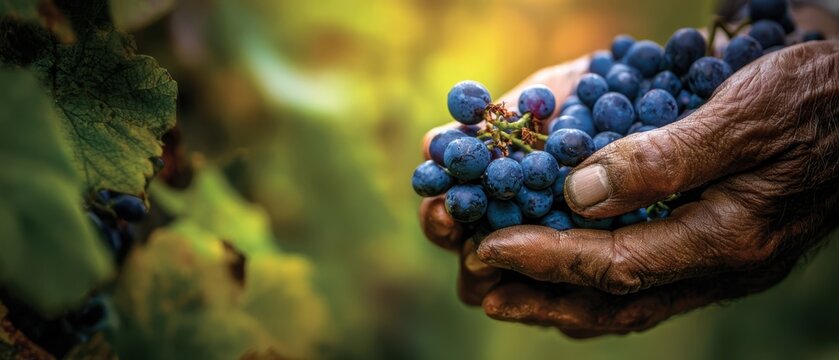 The hands holding freshly harvested grapes in a lush vineyard setting. - Powered by Adobe