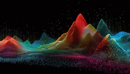 Colorful data mountains against a black background