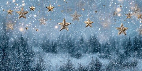 Winter forest scene with golden stars