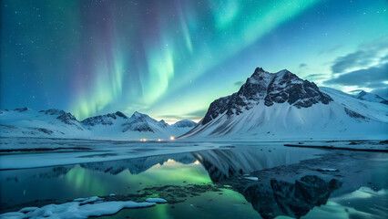 Majestic aurora borealis dances above snowy mountain peaks reflected in calm arctic waters in Iceland wilderness