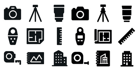 Obraz premium Photography and architecture solid icons set – design tools, camera, building symbols