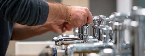 The meticulous adjustment of a modern faucet in a stylish bathroom setting.