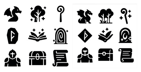 Fantasy and magic solid icons set – filled, enchanted symbols for role-playing games