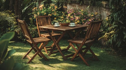 Obraz premium A cozy outdoor wooden dining set with two cups and a bowl, surrounded by vibrant flowers and greenery.