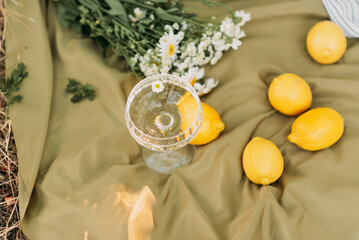 Summer weekend picnic with champagne, flowers and lemons