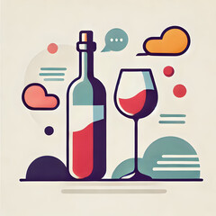 A flat design of a wine bottle and glass, highlighting the joy of wine and conversation, with minimalist elements and a balanced color palette on a white background.