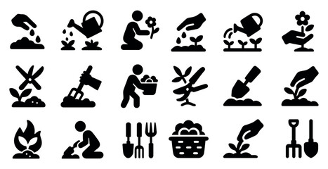 Gardening and farming solid icons set – filled, planting and horticulture symbols