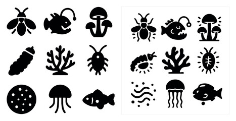 Obraz premium Marine life silhouette icons set – solid, filled, ocean and aquatic symbols