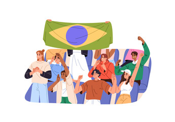 Fans sit on seats, watching soccer match in stadium. People support football team. Happy men and women celebrate winning or goal sports together. Flat isolated vector illustration on white background