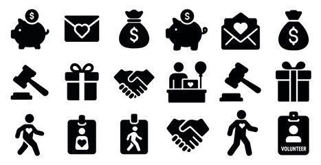 Charity and fundraising icons set – solid, silhouette, donation and volunteer symbols