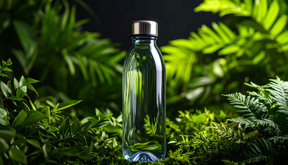 Eco-Friendly Hydration: A clear water bottle rests amidst a vibrant collection of lush green plants, symbolizing freshness, purity, and the commitment to environmental sustainability.