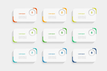 For business concept with 9 steps infographics, arrow shape with multicolor label, design for workflow layout, diagram, annual report, web design. vector illustration