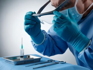 A surgeon prepares for surgery with sterile tools