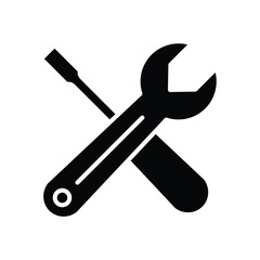 Black and White Icon of Wrench and Screwdriver for Repair Work