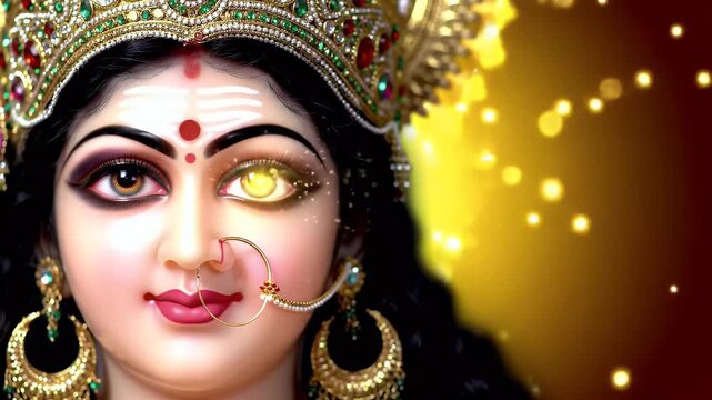 Divine animation of Goddess Durga&rsquo;s glowing face adorned with crown and jewelry, her third eye glowing with golden light aura, sparkling particles floating in the background