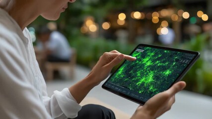 Woman is using a tablet to look at a map. She is pointing at a green area on the screen. digital tablet displaying net-zero portfolio map, bright green hotspots, sustainable energy stocks - Powered by Adobe