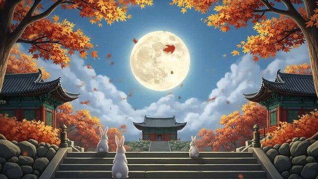 Autumn Moon Festival: Rabbits Gaze at Full Moon over Korean Temple