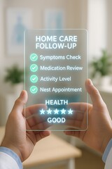A person reviews home care follow up details on a futuristic transparent tablet with good health rating, representing modern healthcare monitoring