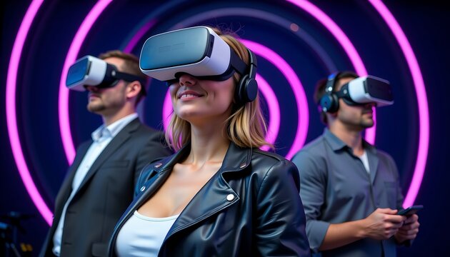 Group of adults enjoying a shared virtual reality experience in a neon-lit environment.