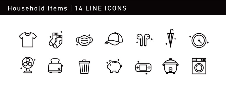 14 elegant icons showcase household items, including clothing, fan, washing machine, and earphones, capturing the convenience and practicality of daily life.