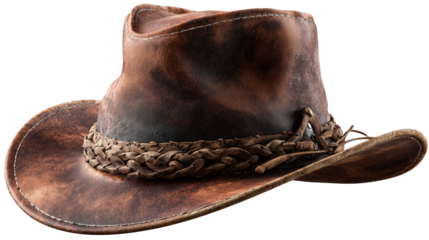 Realistic vintage cowboy hat made with creased leather and decorative braid for old west appeal on transparent background