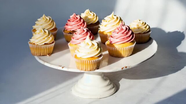 Delicious cupcakes with swirled frosting displayed on a white pedestal in a sunlit room