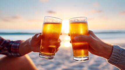 Two friends clink beer glasses on a beautiful beach at sunset. The golden light reflects in the beer and the sea.