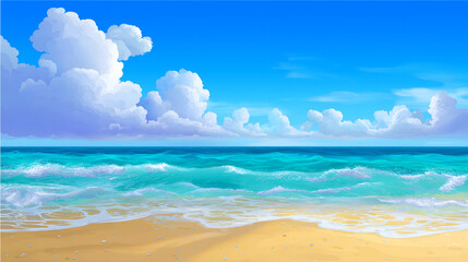 Ocean Waves Rolling onto Sandy Beach Under a Bright Blue Sky