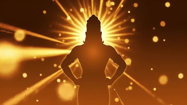 Divine animation of Vithoba’s iconic silhouette pose with hands on hips and crown glowing, surrounded by golden light trails and sparkling particles