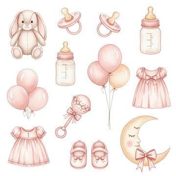 A delicate watercolor baby girl clipart set featuring soft pink and warm neutral baby elements: cuddly stuffed bunny, pacifiers, baby bottles, soft balloons, tiny dresses, baby shoes, a rattle