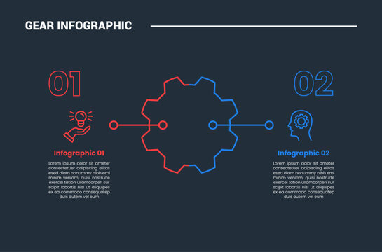 Gear shape infographic process diagram with balance opposite comparison left and right with dark background bright outline style and 2 stages