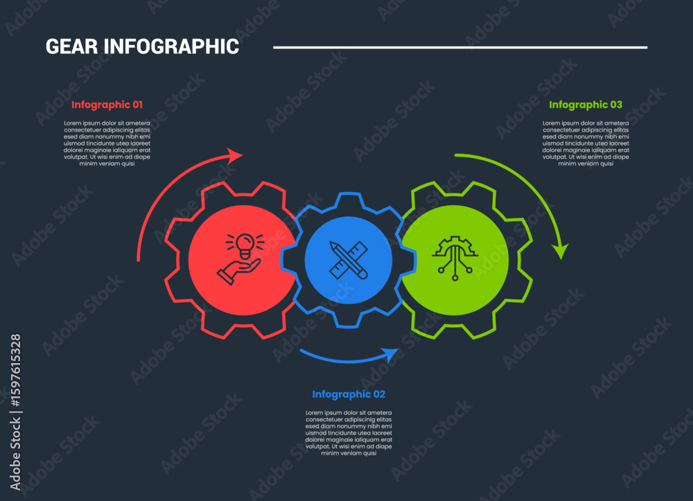 Poster gear shape infographic process diagram with gear on horizontal direction with arrow pointer up and d