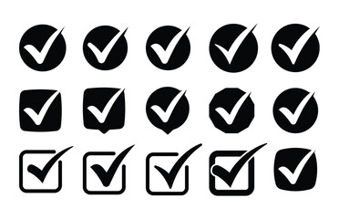 Set of black checkmark icons in geometric shapes like circles, squares, and patterns on a white background. Minimalist, symmetrical layout, perfect for UI/UX, apps, and presentations.