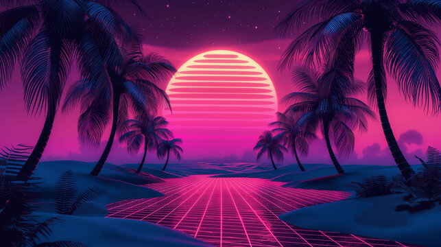 Retro Synthwave Sunset: Palm Trees, Neon Grid, Tropical Beach, 80s Vibe, Futuristic Paradise.
