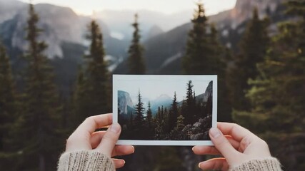 Hands holding a postcard depicting a beautiful mountain landscape at sunset surrounded by trees
