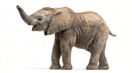 Obraz premium Joyful Elephant in Action: A charming elephant calf stands gracefully with its trunk raised in a gesture of joy, celebrating the wonders of nature.