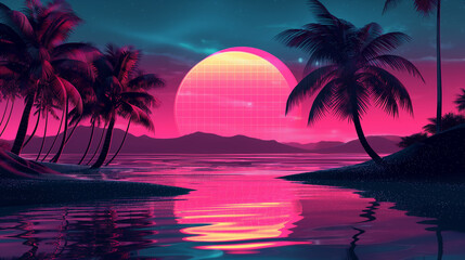 Retro Synthwave Sunset: Palm Trees, Pink Ocean, Gridded Sun, Tropical Paradise