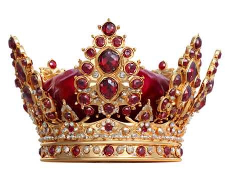  3D crown with rubies and diamonds, red velvet on top, golden shiny metallic crown, vector illustration isolated on  Transparent background PNG - Powered by Adobe