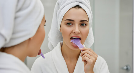 Woman in White Robe Using Purple Tongue Scraper in a Bright Bathroom in front of Mirror Showing Oral Hygiene Routine