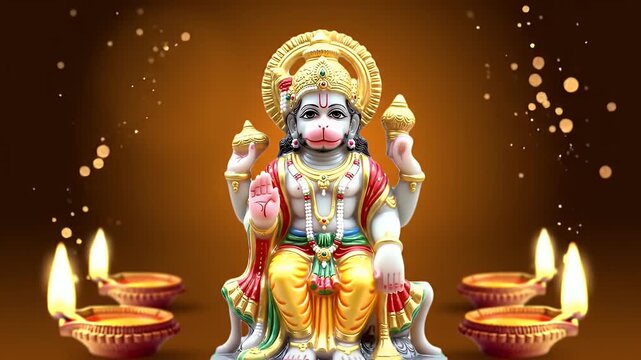 Elegant animation of a decorated Hanuman idol surrounded by glowing diyas (oil lamps), soft golden light particles rising gently, deep saffron gradient background