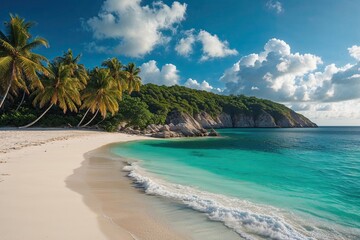 Breathtaking Sandy Bay with Swaying Palms and Stunning Teal Waters on a Caribbean Peninsula
