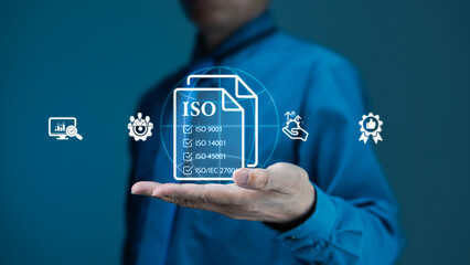 Businessman Displaying ISO Standards and Quality Management Certifications