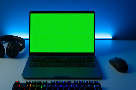 Modern Tech Workspace with Laptop Displaying Green Screen for Creative Mockups - Powered by Adobe