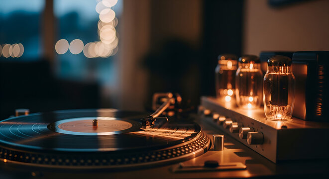 Vintage Turntable and Warm Tube Amplifier in a Cozy Setting