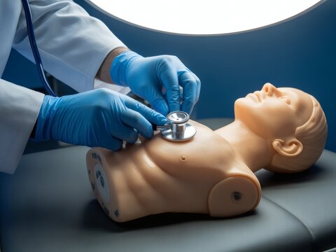 A doctor practices using a stethoscope on a mannequin